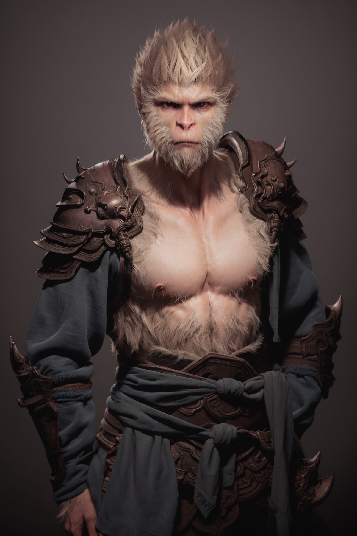 black monkey king, solo, 1boy, male focus, armor, beard, weapon